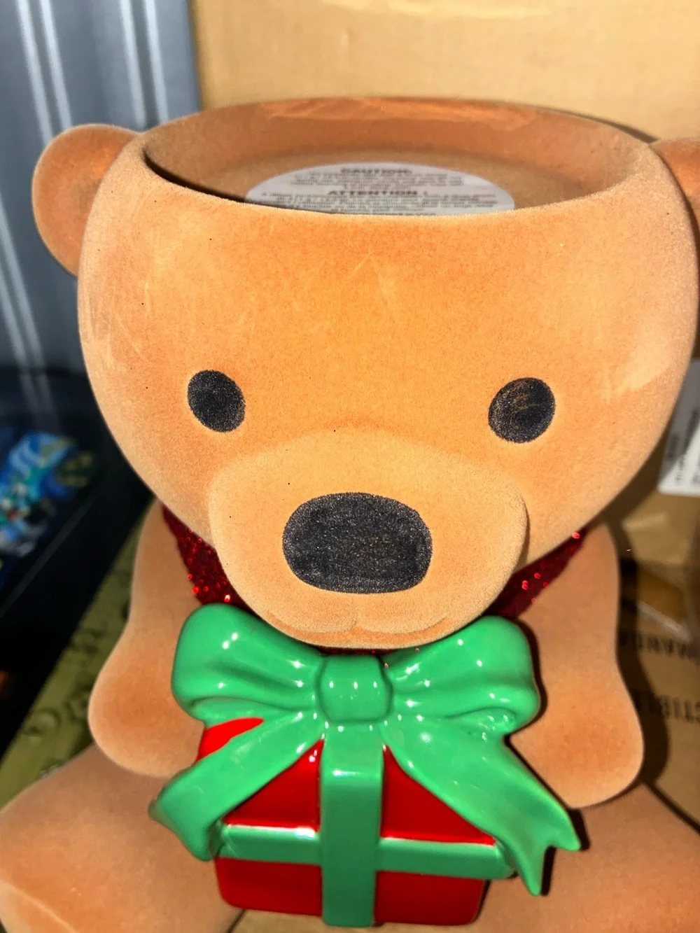 Fuzzy bear w/ Christmas present 3 wick candle holder